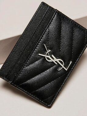 Saint Laurent Black Quilted Leather Card Case with Silver YSL Logo